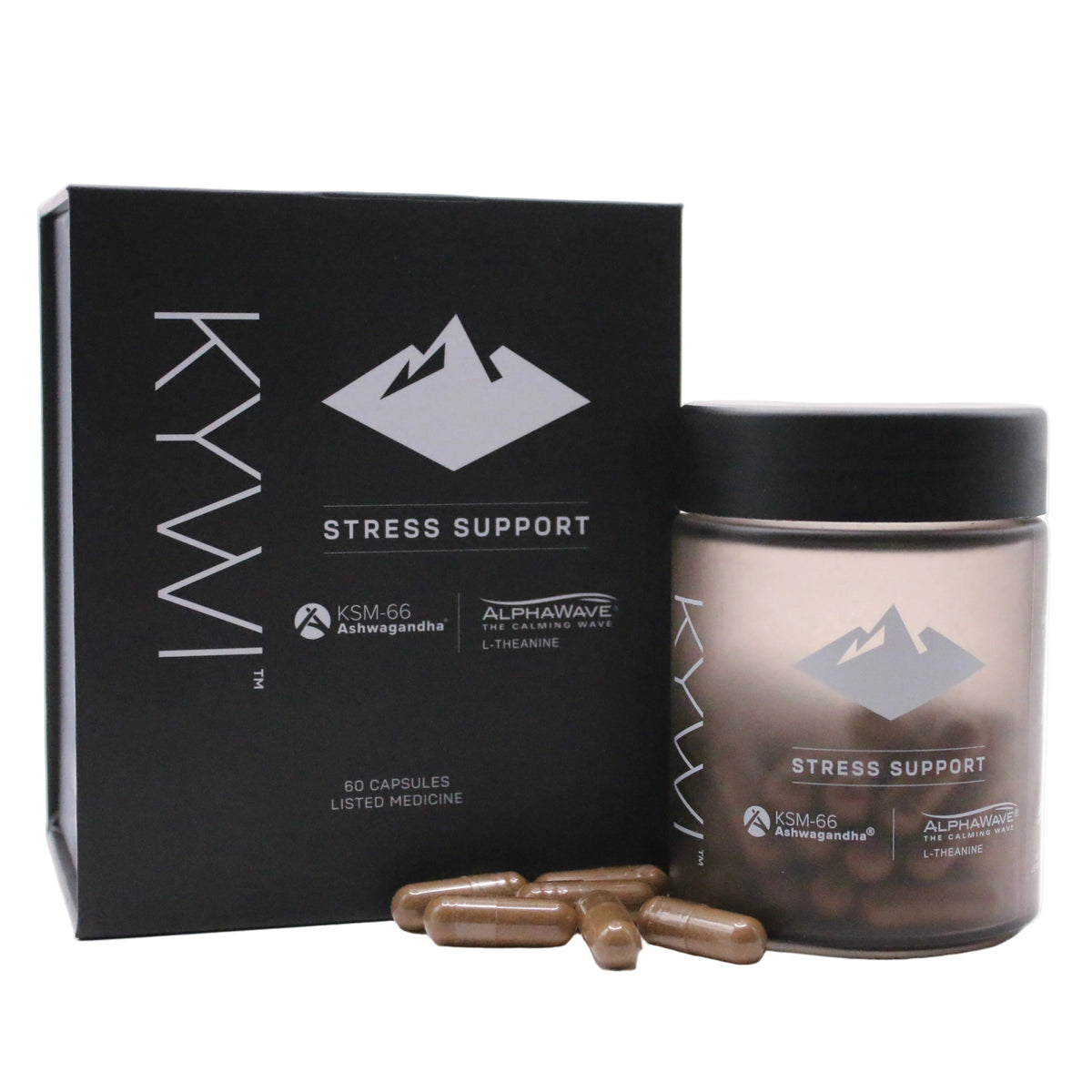 Kywi Stress Support frosted glass jar beside its black gift box, with capsules in front