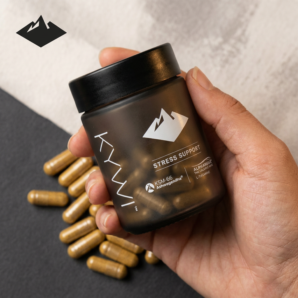 Hand holding a Kywi Stress Support jar, capsules scattered on a dark surface