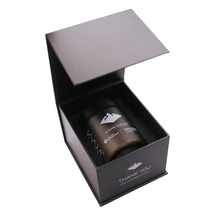Kywi Stress Support jar sitting in its open black gift box, lid printed with Thank You