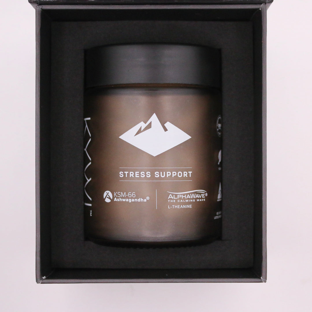Top view of the Kywi Stress Support jar nested in its black gift box