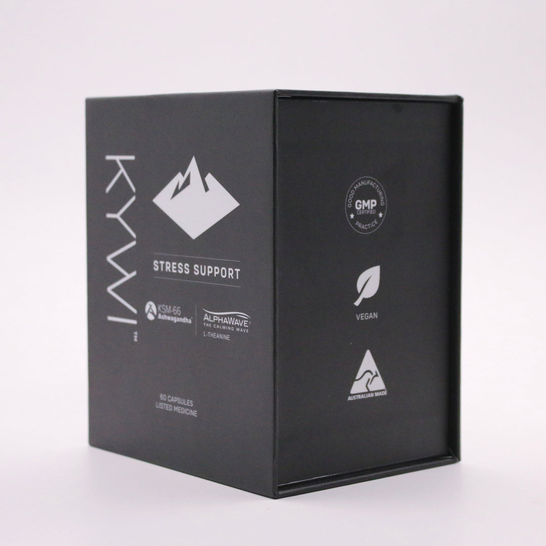 Side of the Kywi Stress Support box showing the GMP, vegan and Australian Made badges