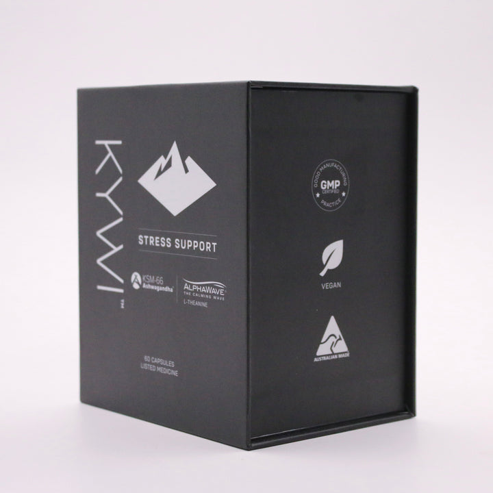 Side of the Kywi Stress Support box showing the GMP, vegan and Australian Made badges