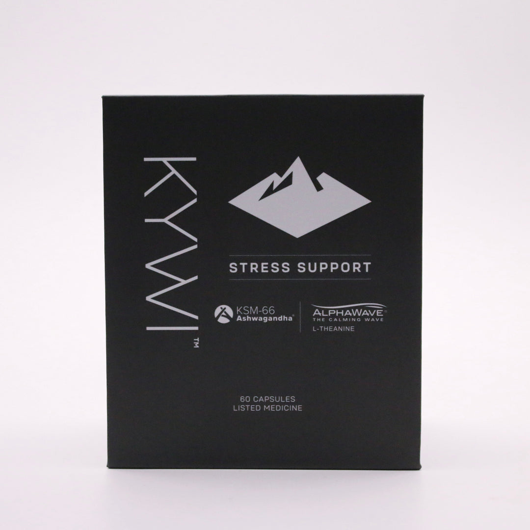 Front of the black Kywi Stress Support box, 60 capsules