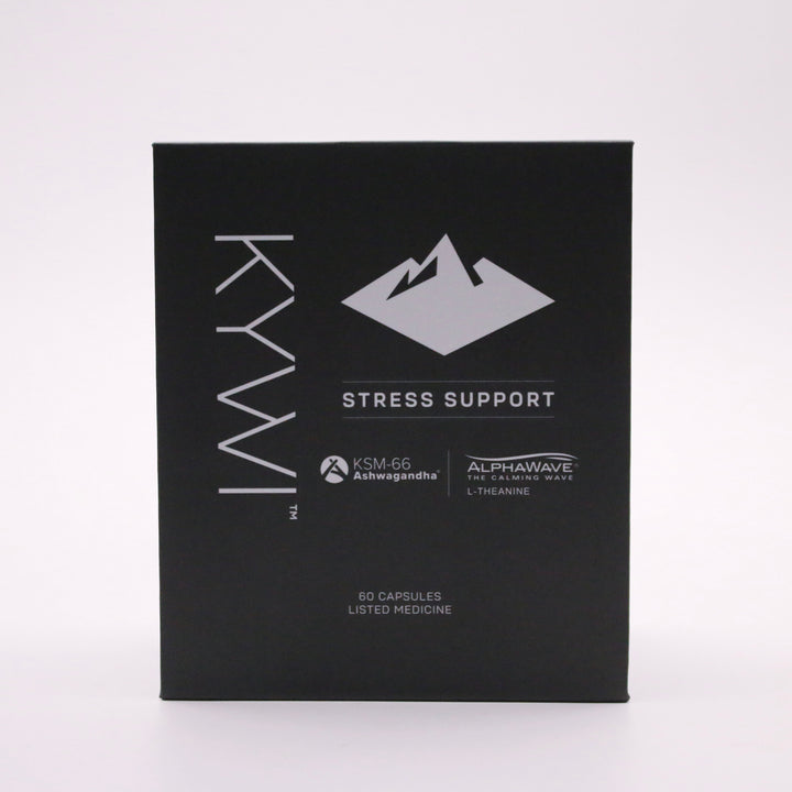 Front of the black Kywi Stress Support box, 60 capsules
