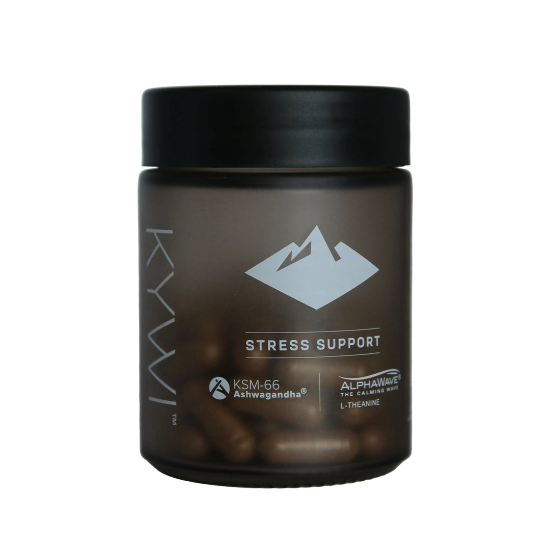 Kywi Stress Support frosted glass jar with black lid